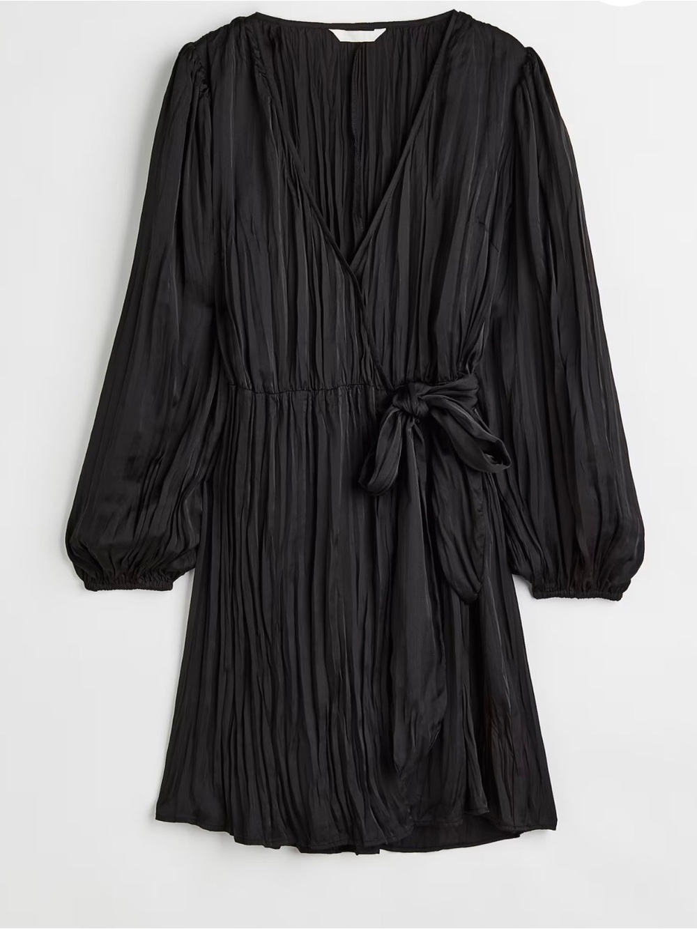 Balloon Sleeve Plisse Wrap Dress- Black - S